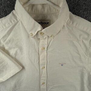 Barbour Tailored Fit US Small Short Sleeve Button Up Off White Embroidered Logo